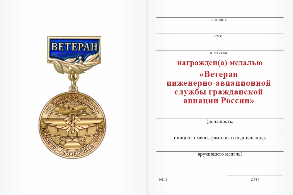 Бланк оборотная сторона Медаль «Ветеран инженерно-авиационной службы ГА» с бланком удостоверения