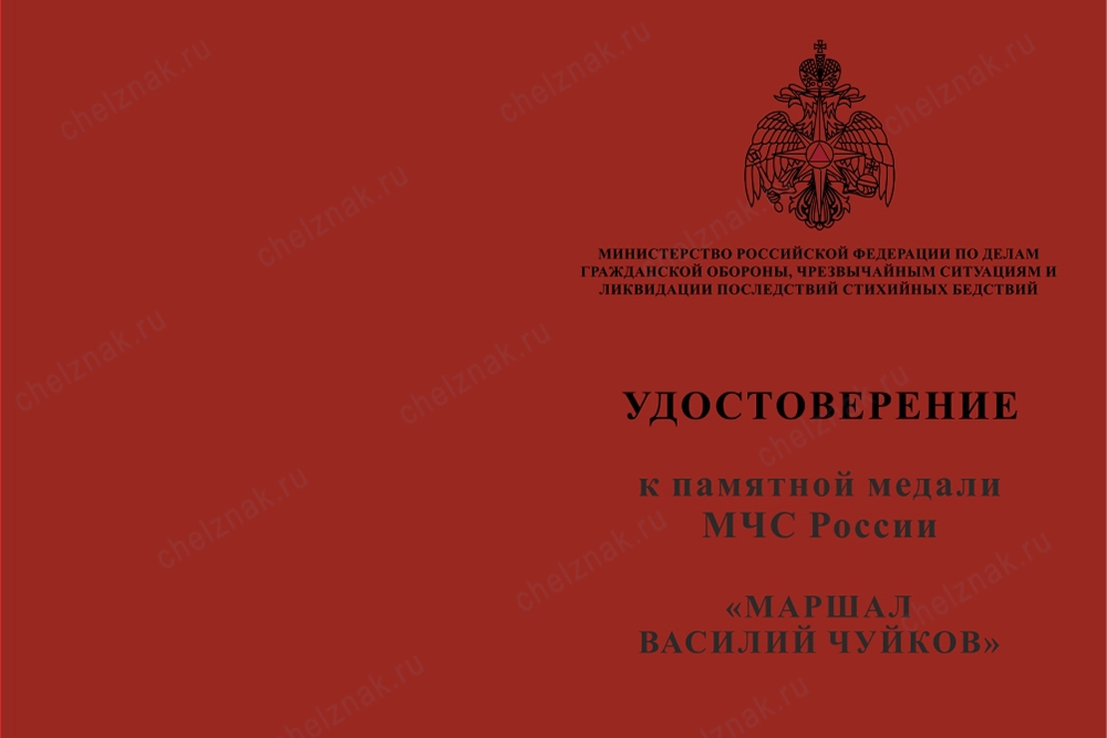 Лицевая сторона награды Медаль «Маршал Василий Чуйков» с бланком удостоверения