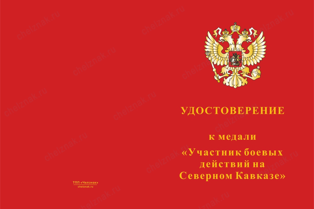 Лицевая сторона награды Медаль МВД РФ «Участник боевых действий на Северном Кавказе» с бланком удостоверения