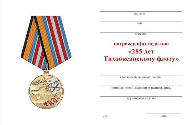 Обратная сторона награды Медаль «285 лет Тихоокеанскому флоту» с бланком удостоверения