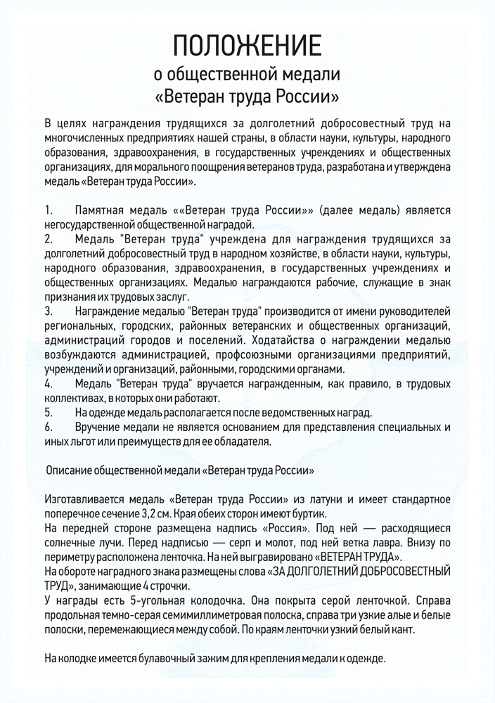 Общественная медаль «Ветеран труда России» d 34 мм с бланком удостоверения, положение о награде 3