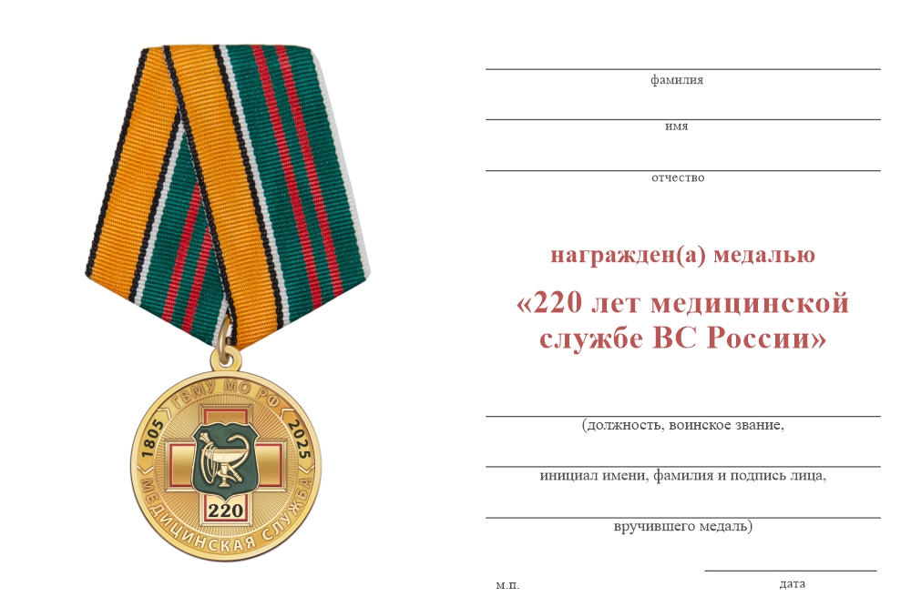 Бланк оборотная сторона Медаль «220 лет медицинской службе ВС РФ» с бланком удостоверения