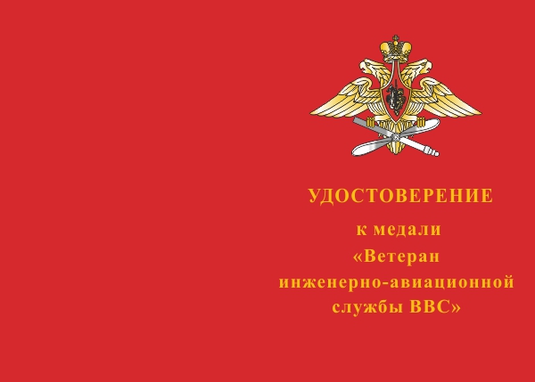 Лицевая сторона награды Медаль «Ветеран инженерно-авиационной службы ВВС» с бланком удостоверения