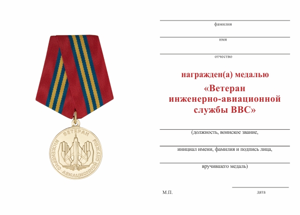 Обратная сторона награды Медаль «Ветеран инженерно-авиационной службы ВВС» с бланком удостоверения