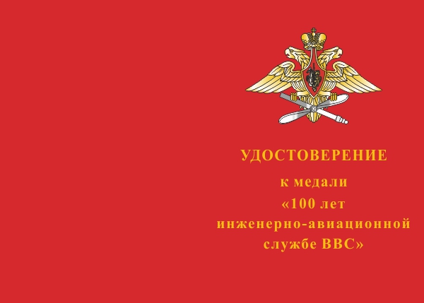 Лицевая сторона награды Медаль «100 лет инженерно-авиационной службе ВВС» с бланком удостоверения