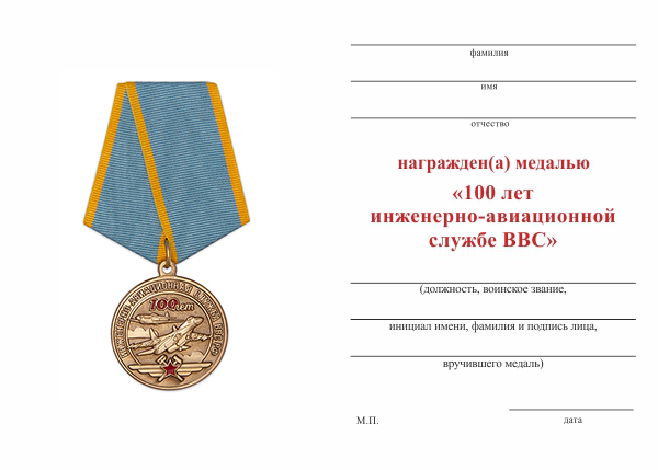 Обратная сторона награды Медаль «100 лет инженерно-авиационной службе ВВС» с бланком удостоверения
