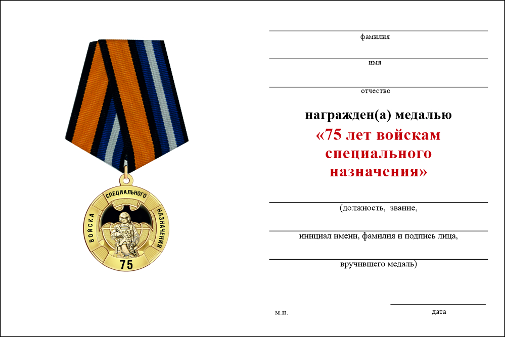 Бланк оборотная сторона Медаль «75 лет войскам специального назначения (Спецназ)» с бланком удостоверения