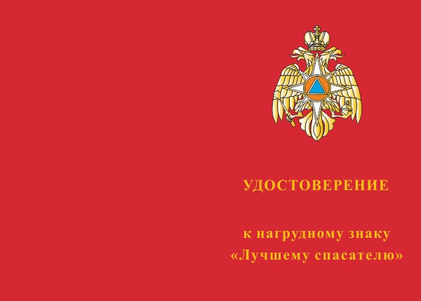 Лицевая сторона награды Знак МЧС России «Лучшему спасателю»  с бланком удостоверения