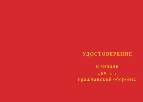 Лицевая сторона награды Медаль «85 лет гражданской обороне» с бланком удостоверения
