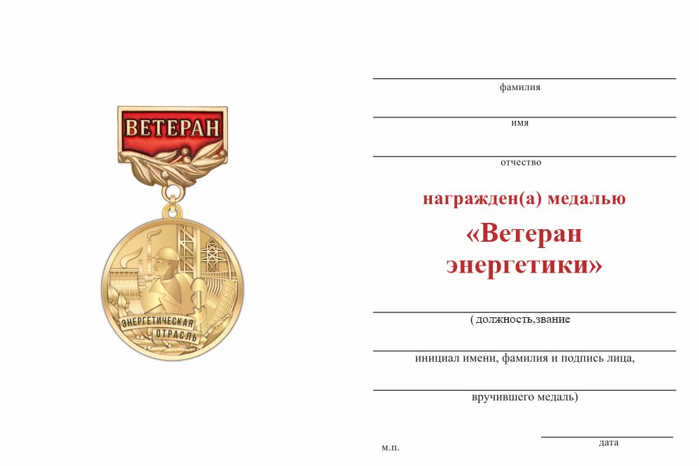 Бланк оборотная сторона Медаль «Ветеран энергетики» с индивидуальным текстом с бланком удостоверения