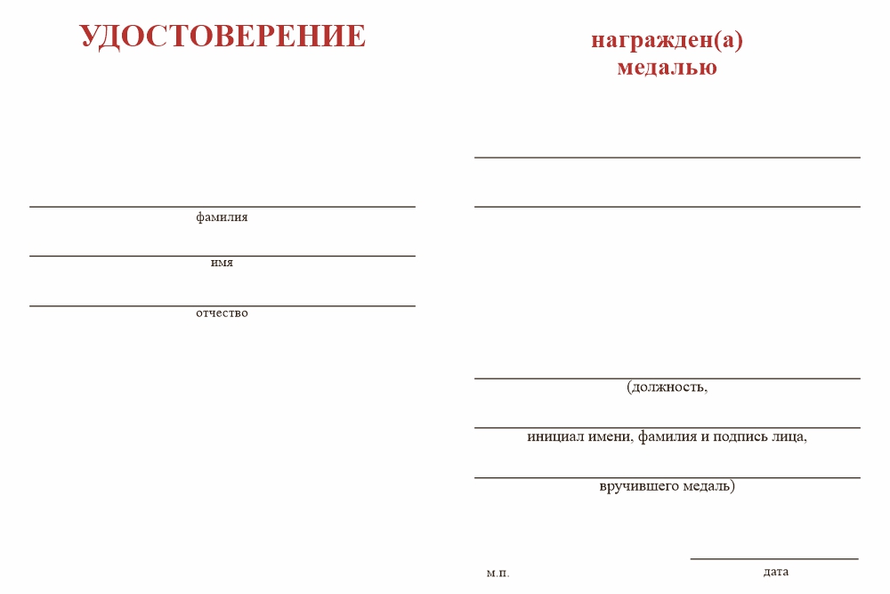 Бланк оборотная сторона Медаль «Профессионально-техническое образование» с бланком удостоверения