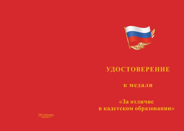 Лицевая сторона награды Медаль «За отличие в кадетском образовании» с бланком удостоверения