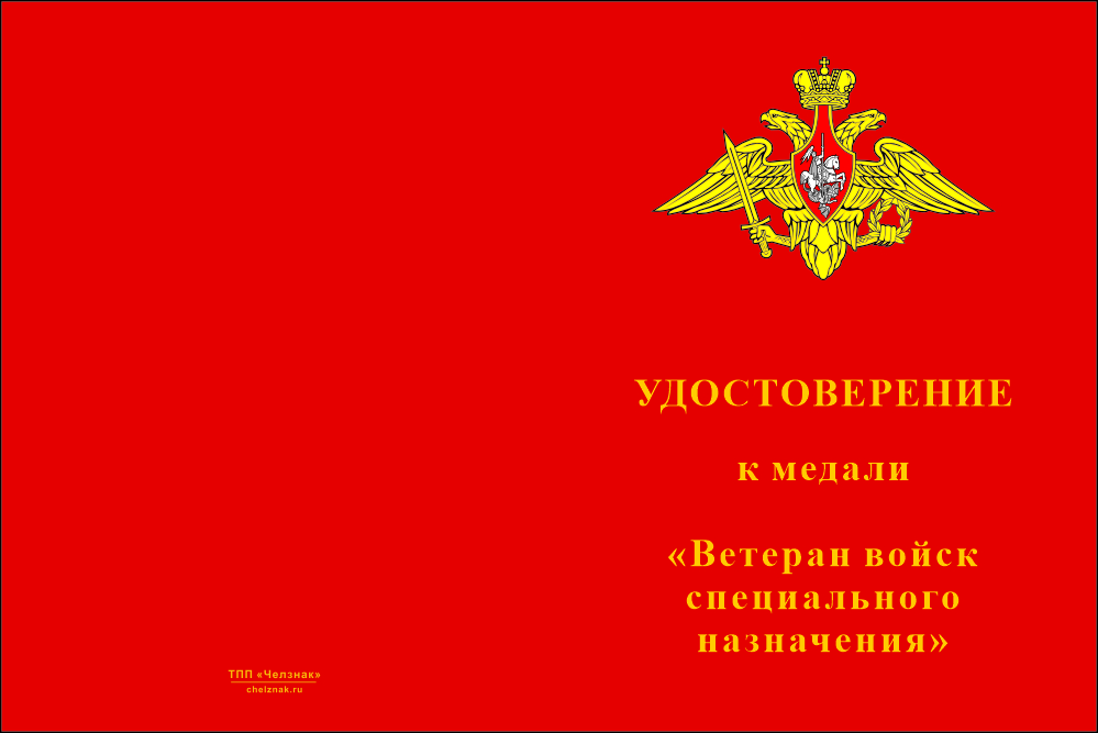 Бланк лицевая сторона Медаль «Ветеран войск специального назначения» с бланком удостоверения