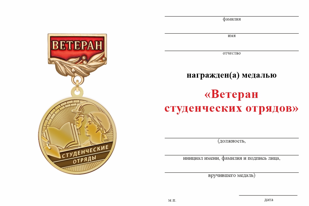 Бланк оборотная сторона Медаль «Ветеран студенческих строительных отрядов» с бланком удостоверения