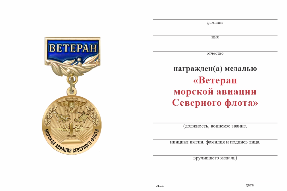 Бланк оборотная сторона Медаль «Ветеран морской авиации Северного Флота» с бланком удостоверения