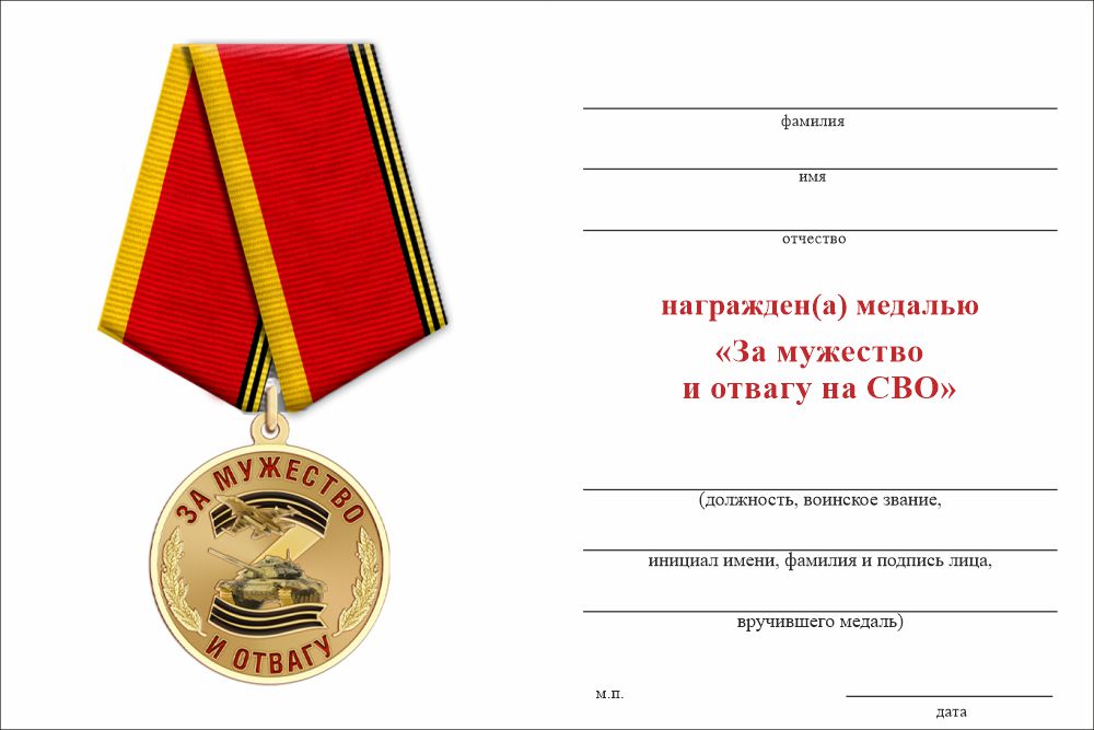 Бланк оборотная сторона Медаль «За мужество и отвагу на СВО» с бланком удостоверения
