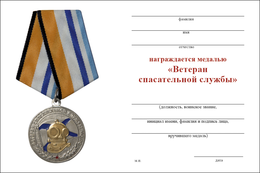 Бланк оборотная сторона Медаль «Ветеран Спасательной Службы МО РФ» с бланком удостоверения