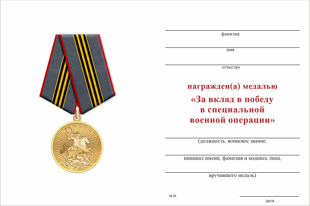 Бланк оборотная сторона Медаль «За вклад в победу в спецоперации» с бланком удостоверения