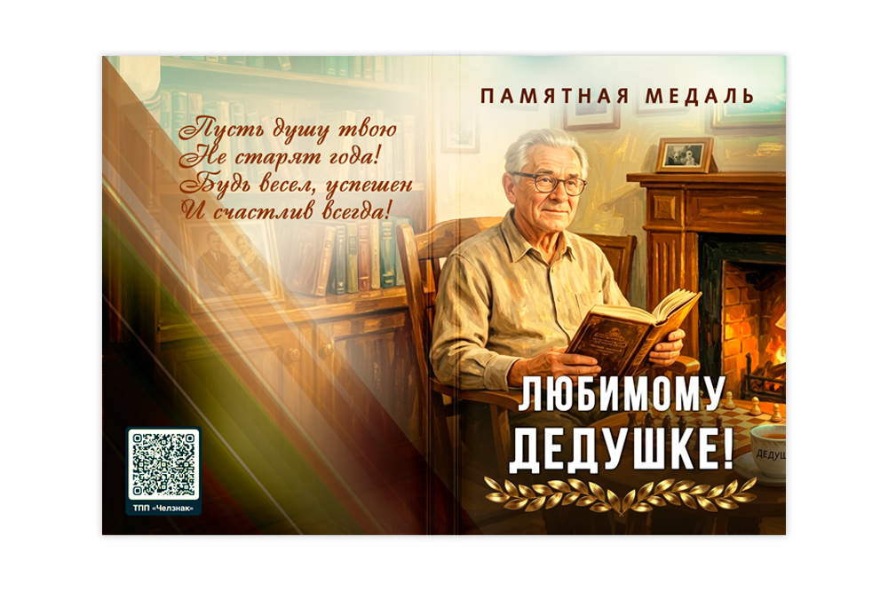 Обратная сторона награды Поздравительная открытка с медалью «Любимому дедушке»