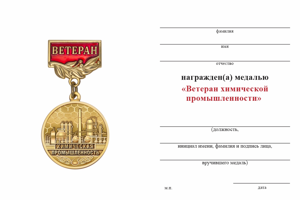 Бланк оборотная сторона Медаль «Ветеран химической промышленности» с бланком удостоверения