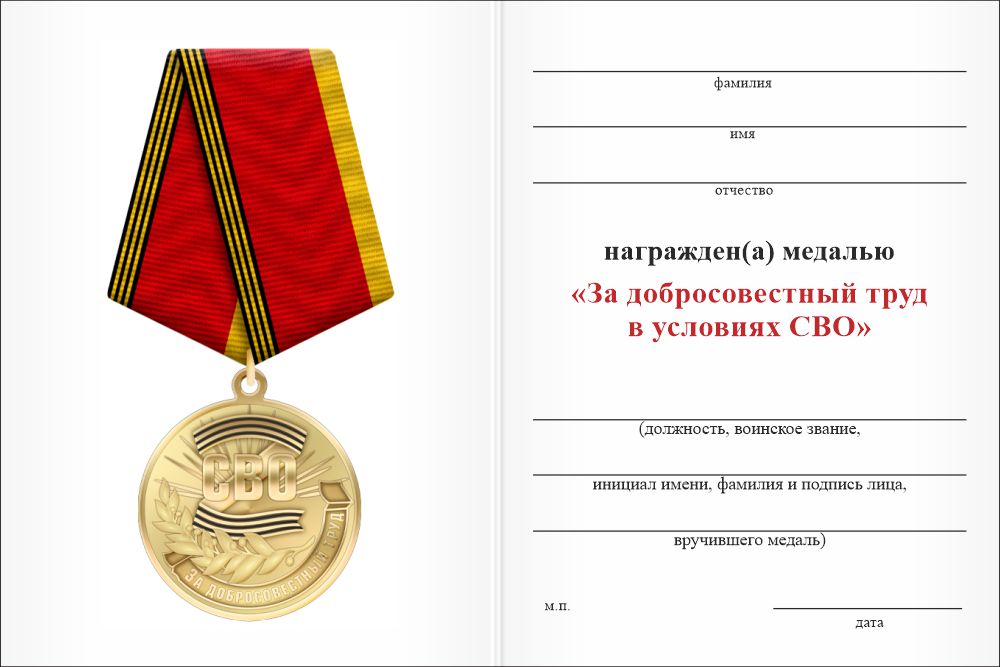 Бланк оборотная сторона Медаль «За добросовестный труд в условиях СВО» с бланком удостоверения