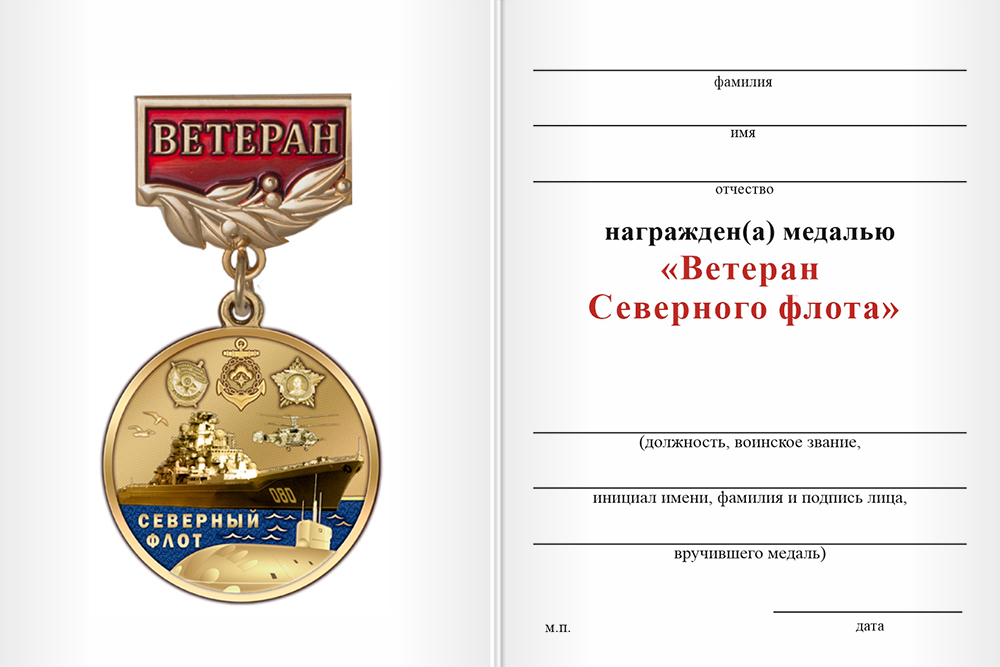 Бланк оборотная сторона Медаль «Ветеран Северного флота» с бланком удостоверения