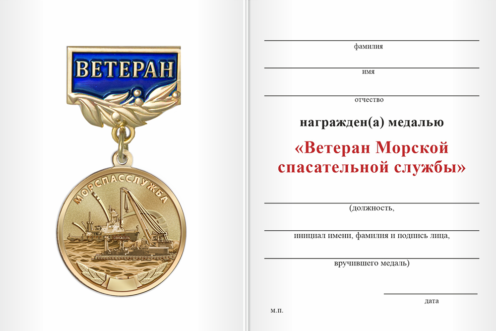 Бланк оборотная сторона Медаль «Ветеран морской спасательной службы» с бланком удостоверения