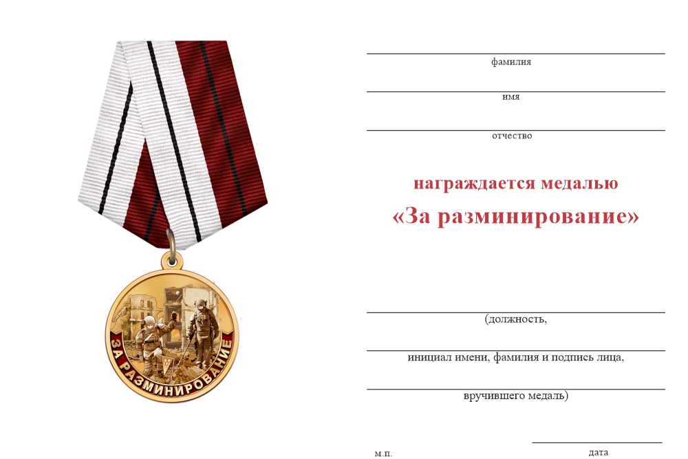 Бланк оборотная сторона Медаль «За разминирование в горячих точках» с бланком удостоверения