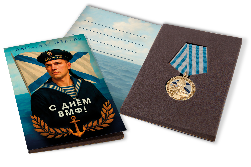 Лицевая сторона награды Поздравительная открытка с медалью «С Днём ВМФ»