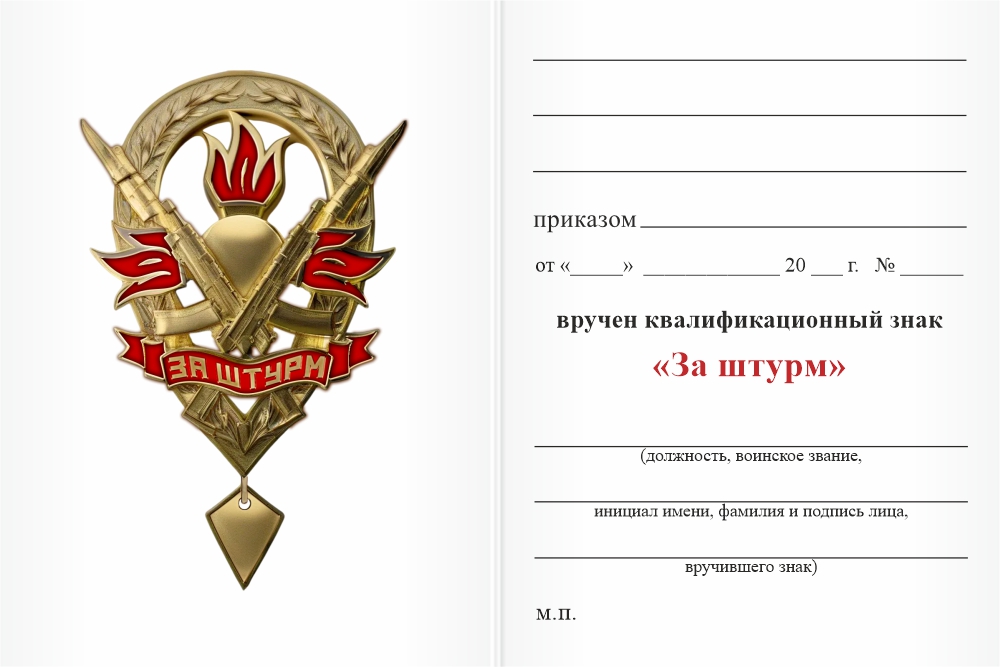 Бланк оборотная сторона Знак квалификационный «За штурм» с бланком удостоверения