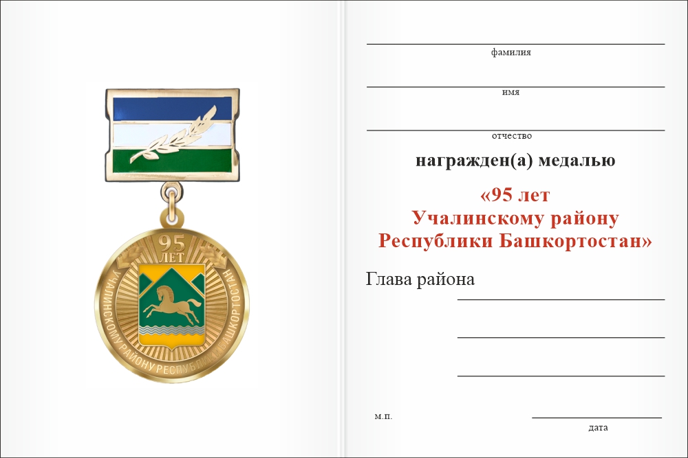 Бланк оборотная сторона Медаль «95 лет Учалинскому району Республики Башкортостан» с бланком удостоверения