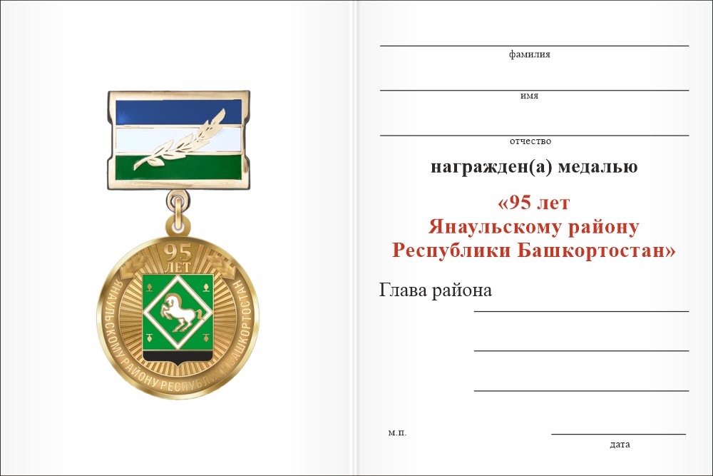 Бланк оборотная сторона Медаль «95 лет Янаульскому району Республики Башкортостан» с бланком удостоверения