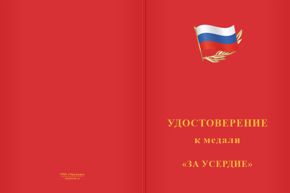 Бланк лицевая сторона Медаль «За усердие. Кадетское образование» 2 степени с бланком удостоверения