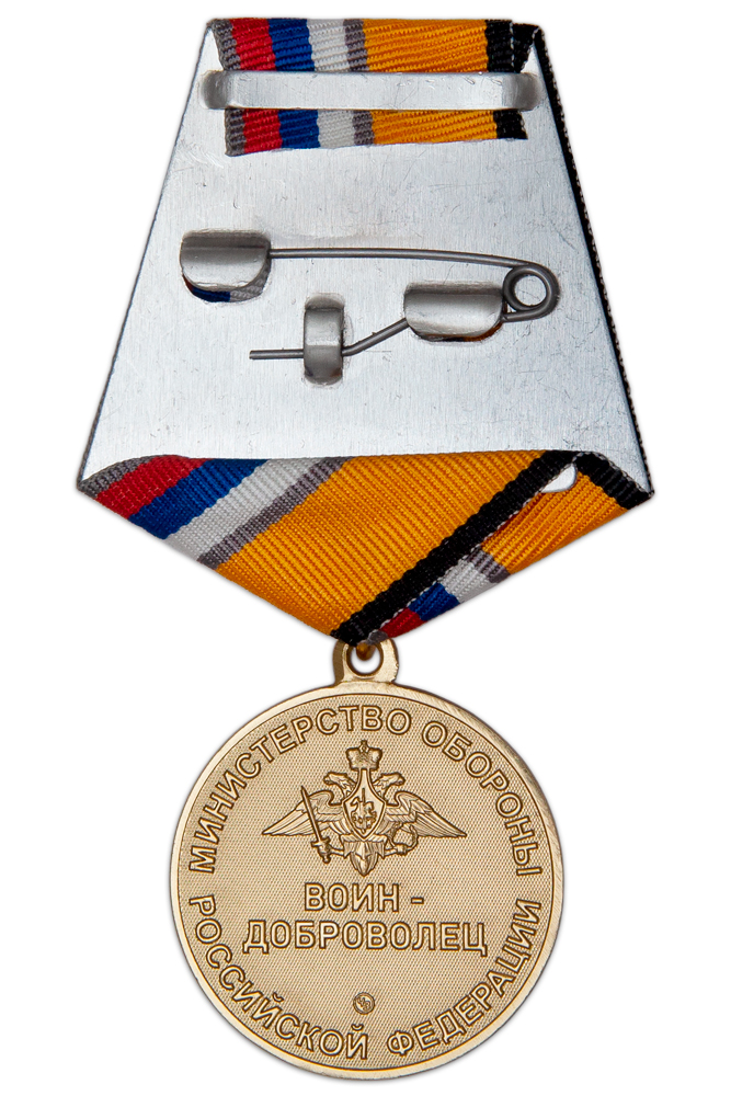 Реверс награды Медаль МО РФ «Воин-Доброволец» с бланком удостоверения