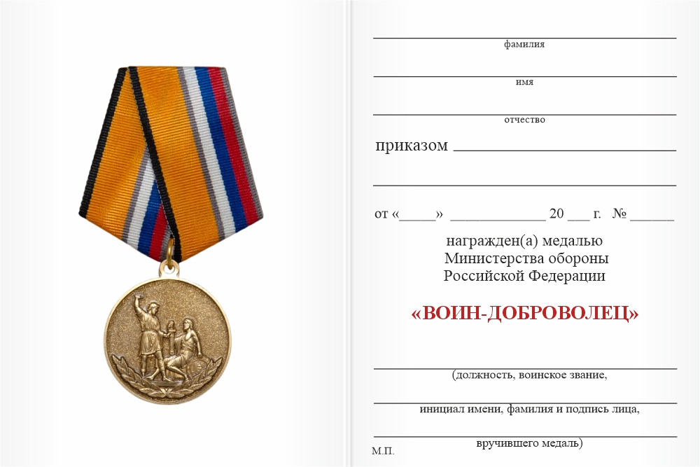 Бланк оборотная сторона Медаль МО РФ «Воин-Доброволец» с бланком удостоверения