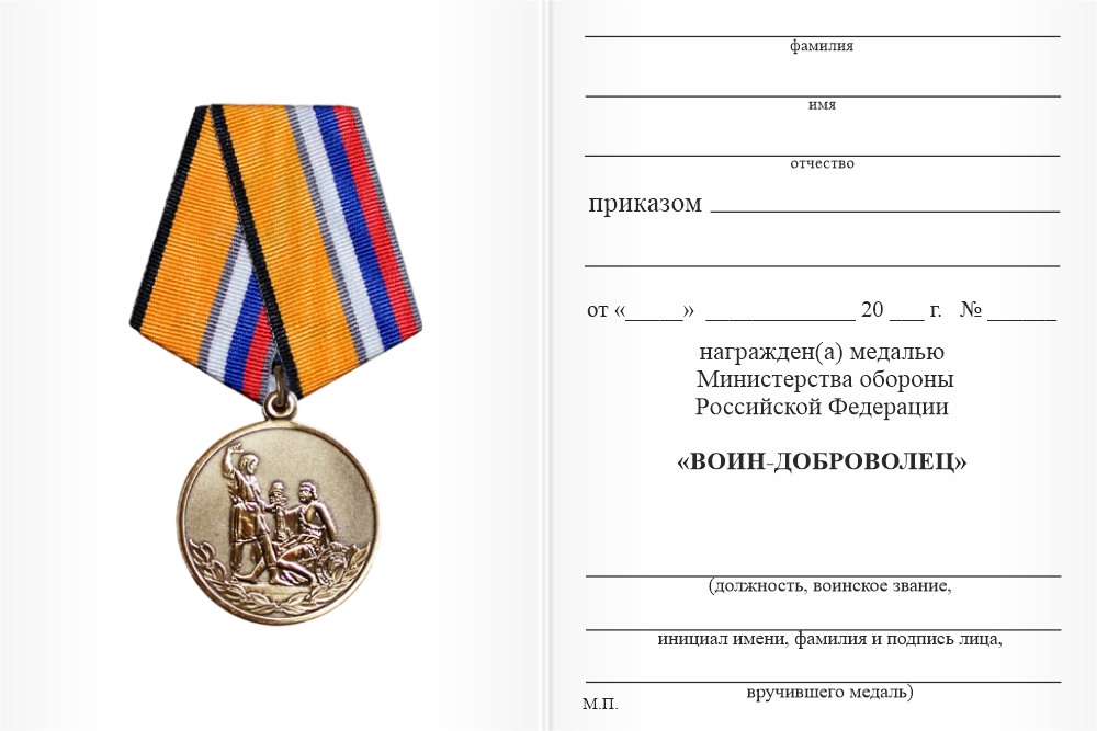 Бланк оборотная сторона Медаль МО РФ «Воин-Доброволец» с бланком удостоверения