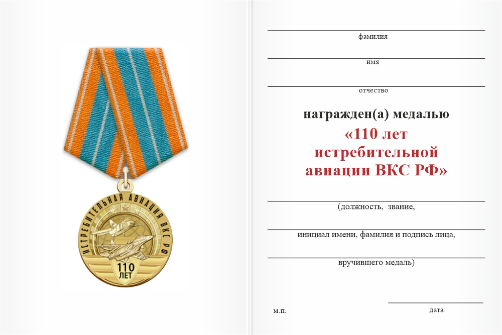 Бланк оборотная сторона Медаль «110 лет истребительной авиации ВКС РФ» с бланком удостоверения