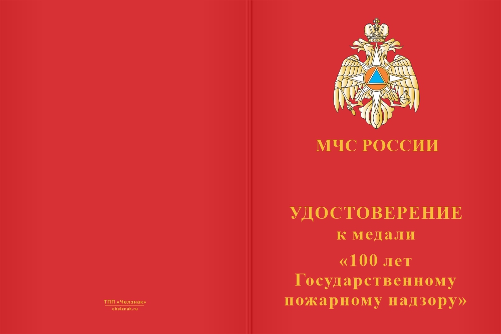 Бланк лицевая сторона Медаль «100 лет Государственному пожарному надзору» с бланком удостоверения