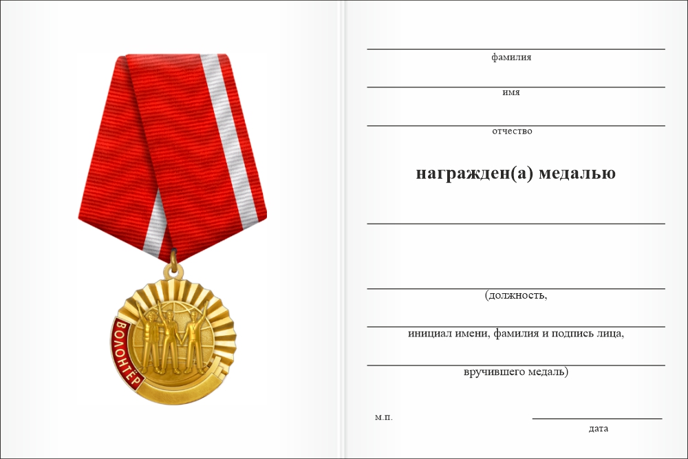 Бланк оборотная сторона Медаль «Волонтёр» с бланком удостоверения