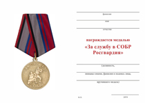 Удостоверение к награде Медаль «За службу в СОБР, РОСГВАРДИЯ» с бланком удостоверения