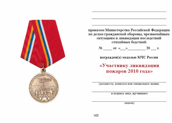 Обратная сторона награды Медаль «Участнику ликвидации пожаров в 2010 году» с бланком удостоверения