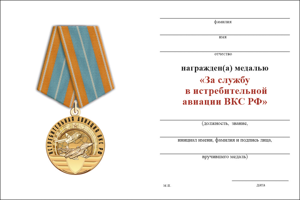 Бланк оборотная сторона Медаль «За службу в истребительной авиации ВКС РФ» с бланком удостоверения
