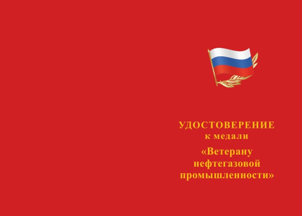 Лицевая сторона награды Медаль «Ветеран нефтегазовой промышленности» с бланком удостоверения