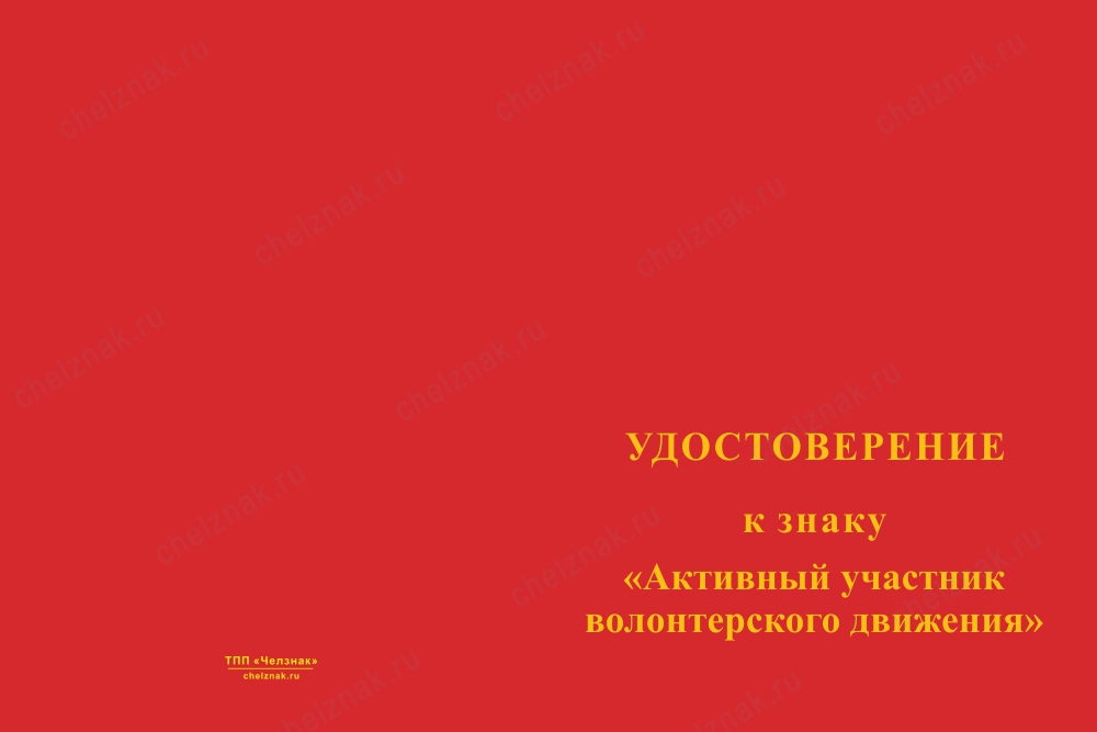 Лицевая сторона награды Знак «Активный участник волонтерского движения» с бланком удостоверения