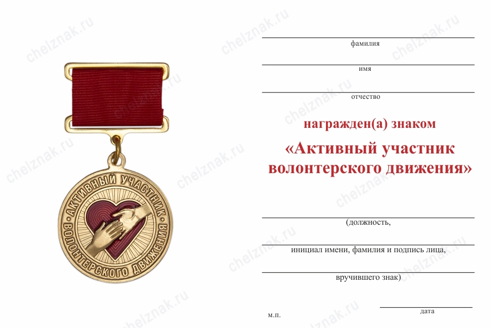 Обратная сторона награды Знак «Активный участник волонтерского движения» с бланком удостоверения