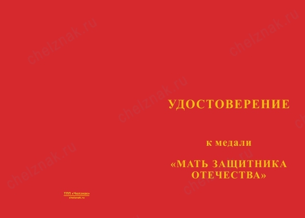 Лицевая сторона награды Медаль «Мать защитника Отечества. Пермский край» с бланком удостоверения
