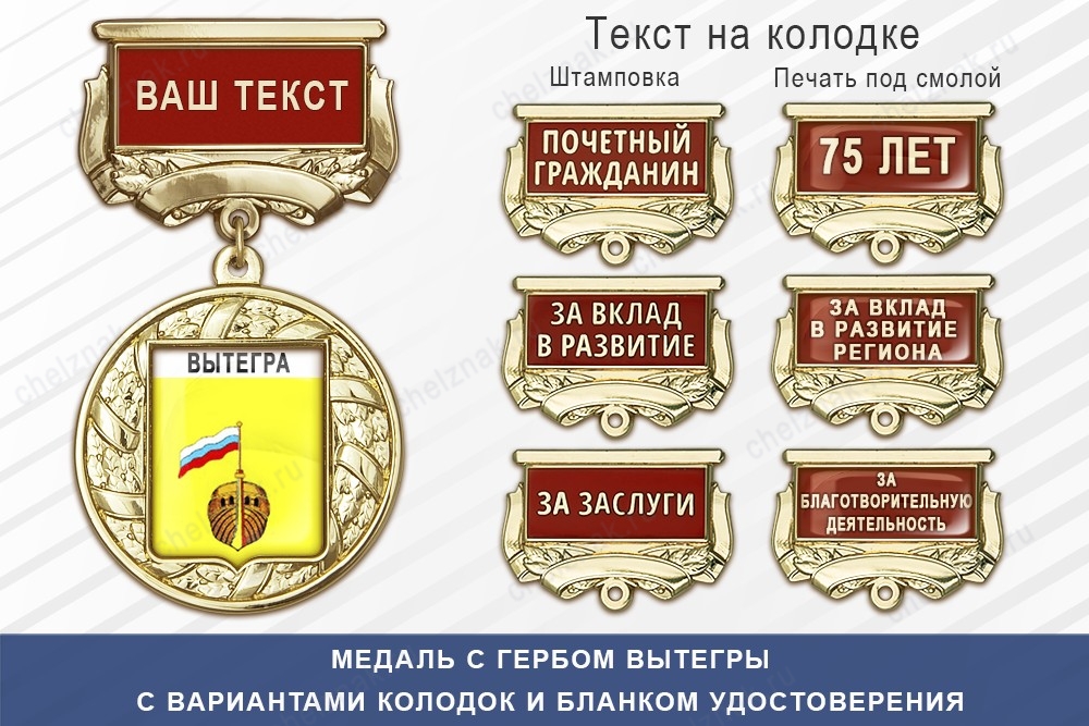 Медаль с гербом города Вытегры Вологодской области с бланком удостоверения, дополнительное фото 1