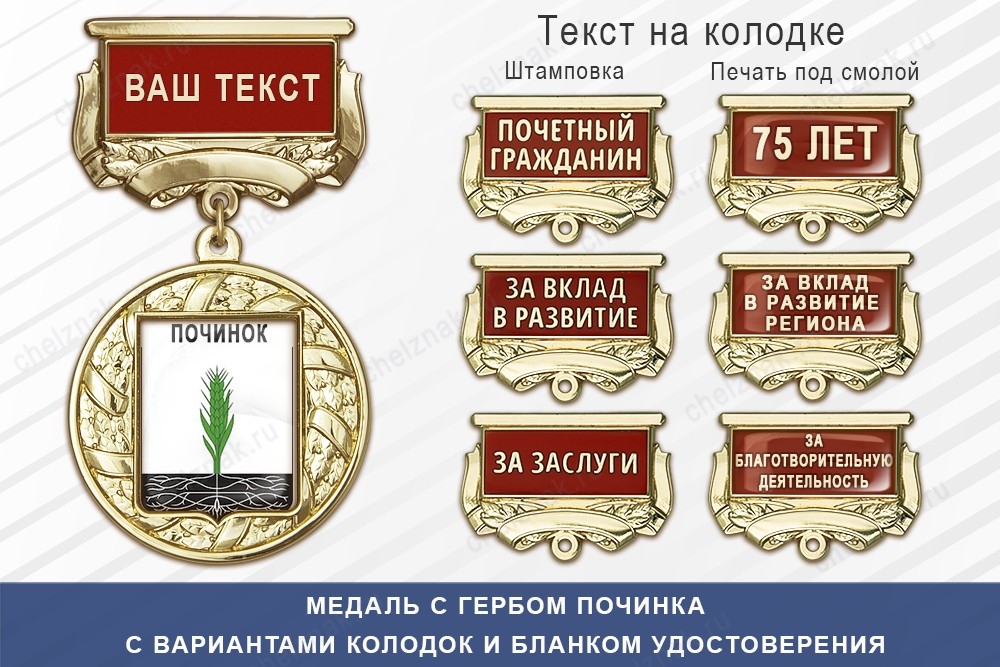 Медаль с гербом города Починка Смоленской области с бланком удостоверения, дополнительное фото 1