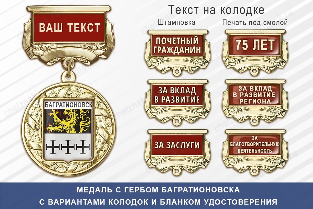 Медаль с гербом города Багратионовска Калининградской области с бланком удостоверения, дополнительное фото 1