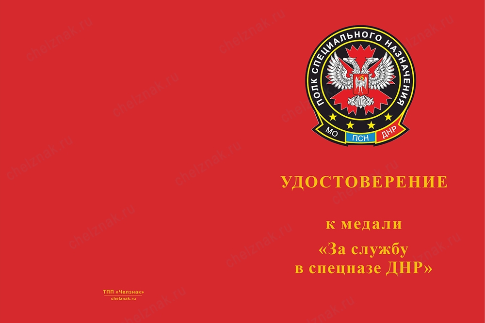 Лицевая сторона награды Медаль «За службу в спецназе ДНР» с бланком удостоверения